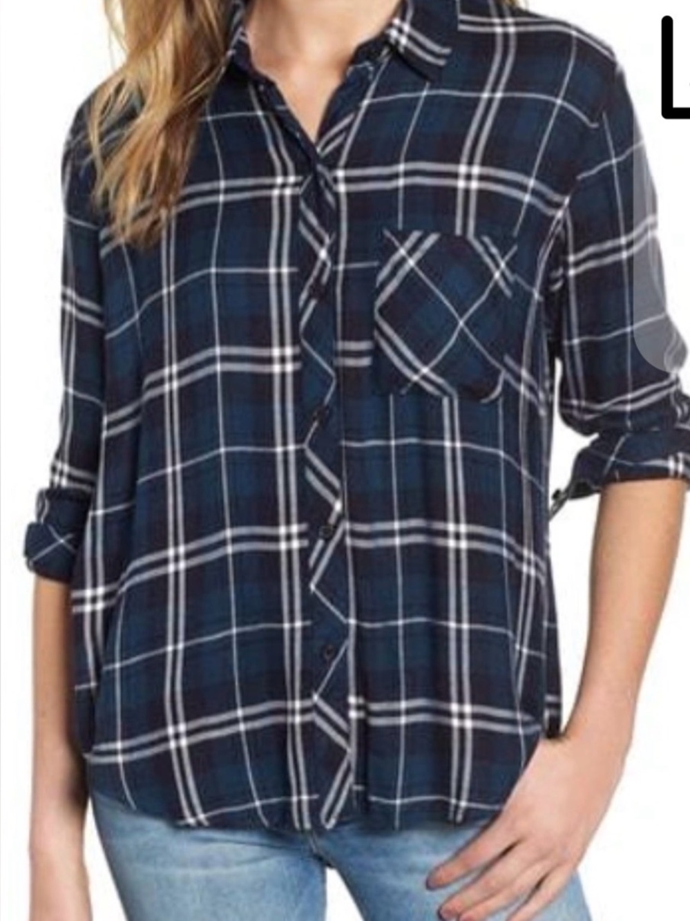 Revolve RAILS Women's Hunter Navy Plaid Button Hi Lo Shirt SMALL